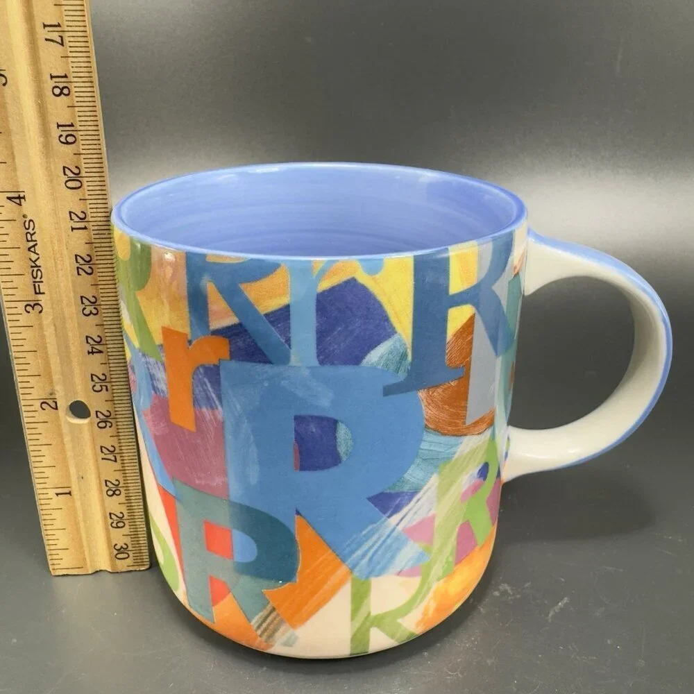 Anthropologie Monogram R Multiple Rs Colorful Ceramic Mug Cup Blue Inside‎ Mug